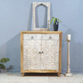 Indian Furniture Hand Carved Solid Wood Cabinet Whitewash